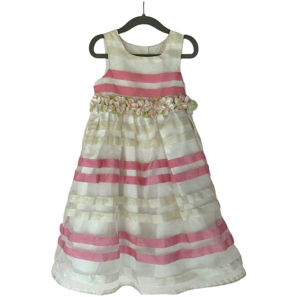 Marmellata Pink Cream Striped Floral Applique Waist Tie Dress Easter Girls 4 4T